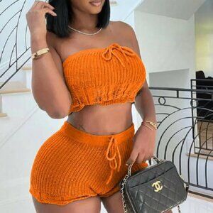 orange crochet knit two piece shorts set